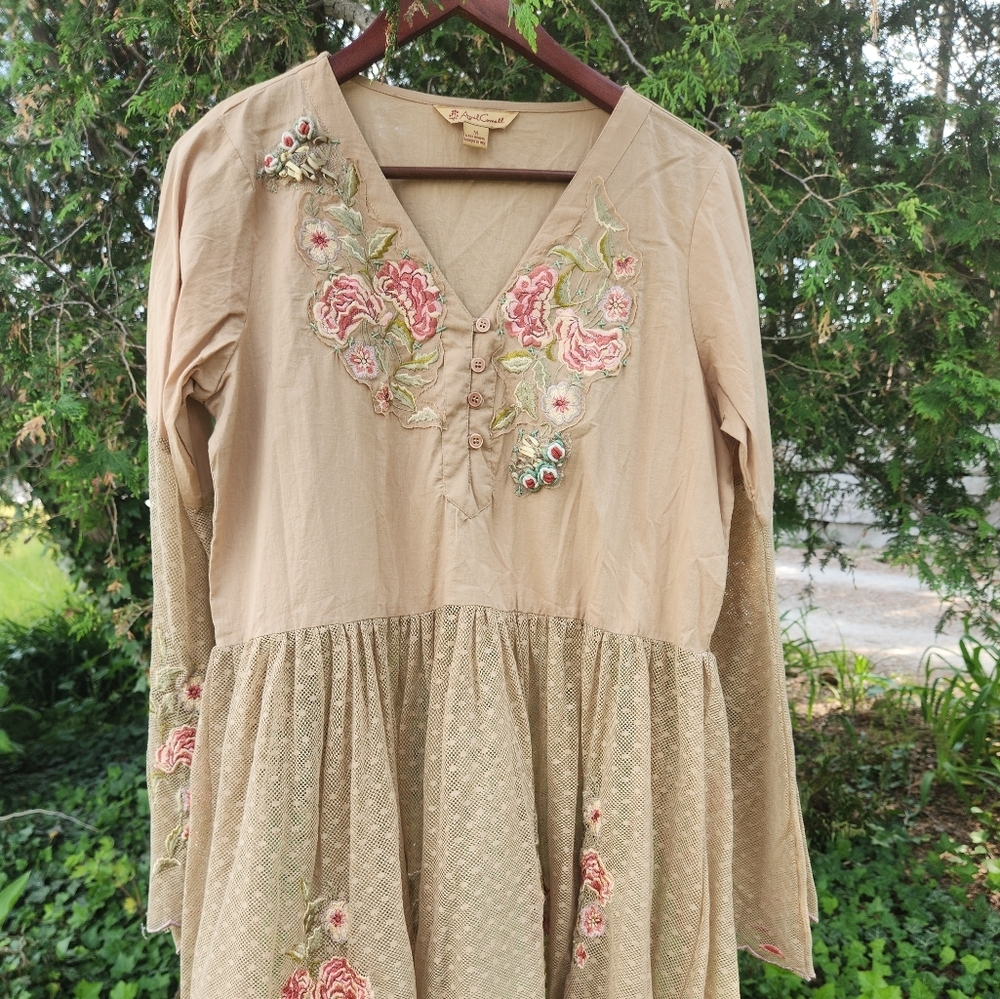 April Cornell Beige Tunic Top with Floral Embroidery